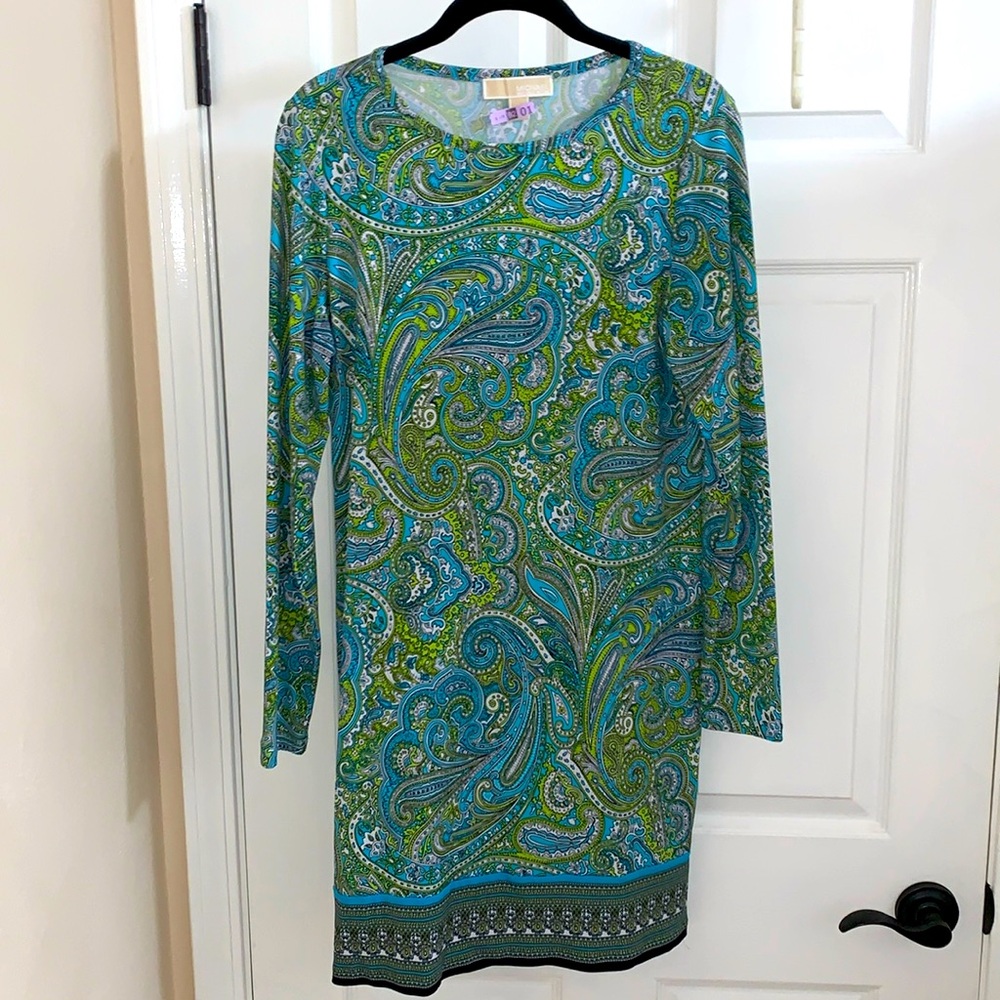 Micheal Kors long sleeve mini/midi dress. Green,blue, & white. Size Medium